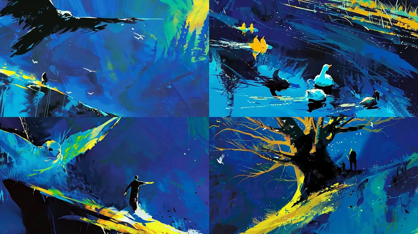 Nocturnal Symphony in Blue: The Vivid Brushwork of Luminous Hues and Expressive Textures - Midjourney sref style
