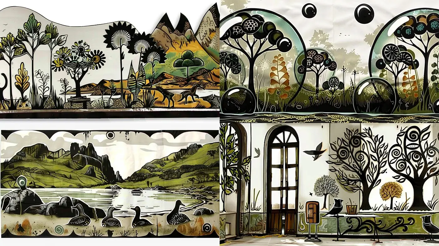 Stylized Natural Vistas with Monochrome and Earth Tones - Midjourney sref style