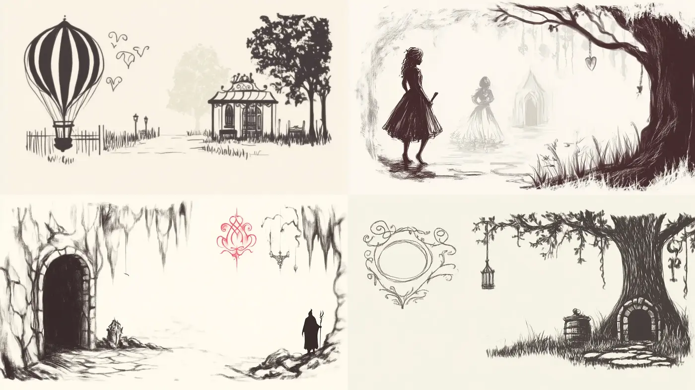 Whimsical Sepia Storybook Illustrations - Midjourney sref style