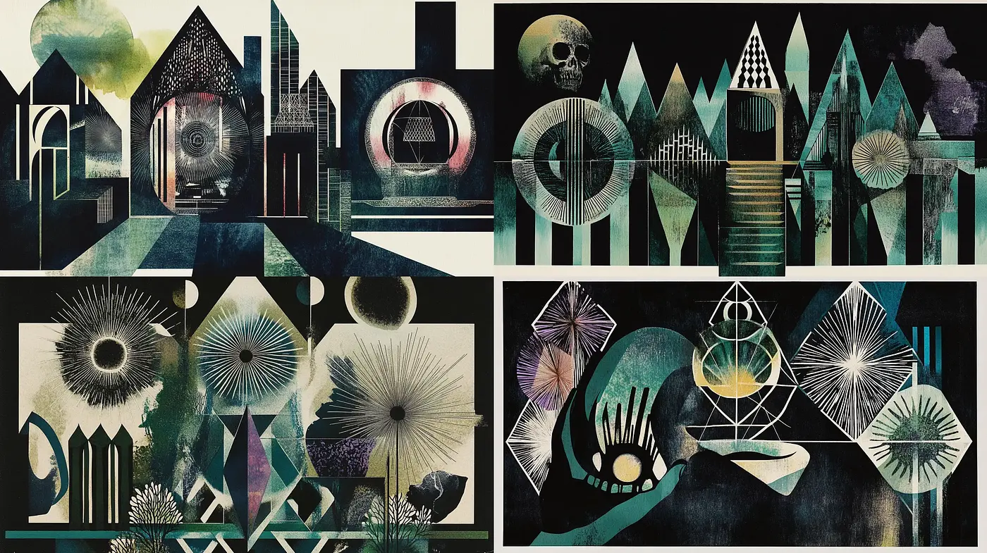 Abstract Synthesis of Geometric Forms and Surrealist Imagery - Midjourney sref style