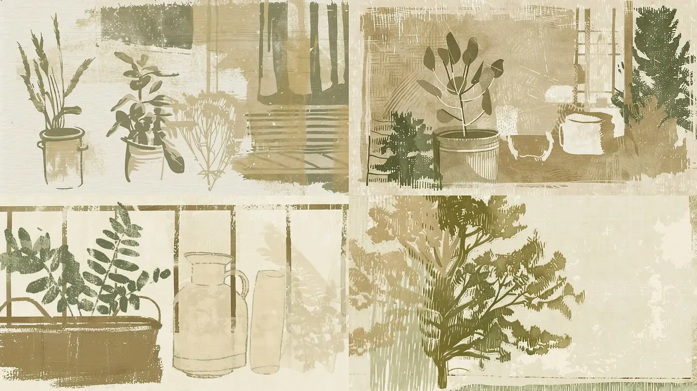 Earthen Hues and Plant Motifs in Stylized Still Life Vignettes - Midjourney sref style