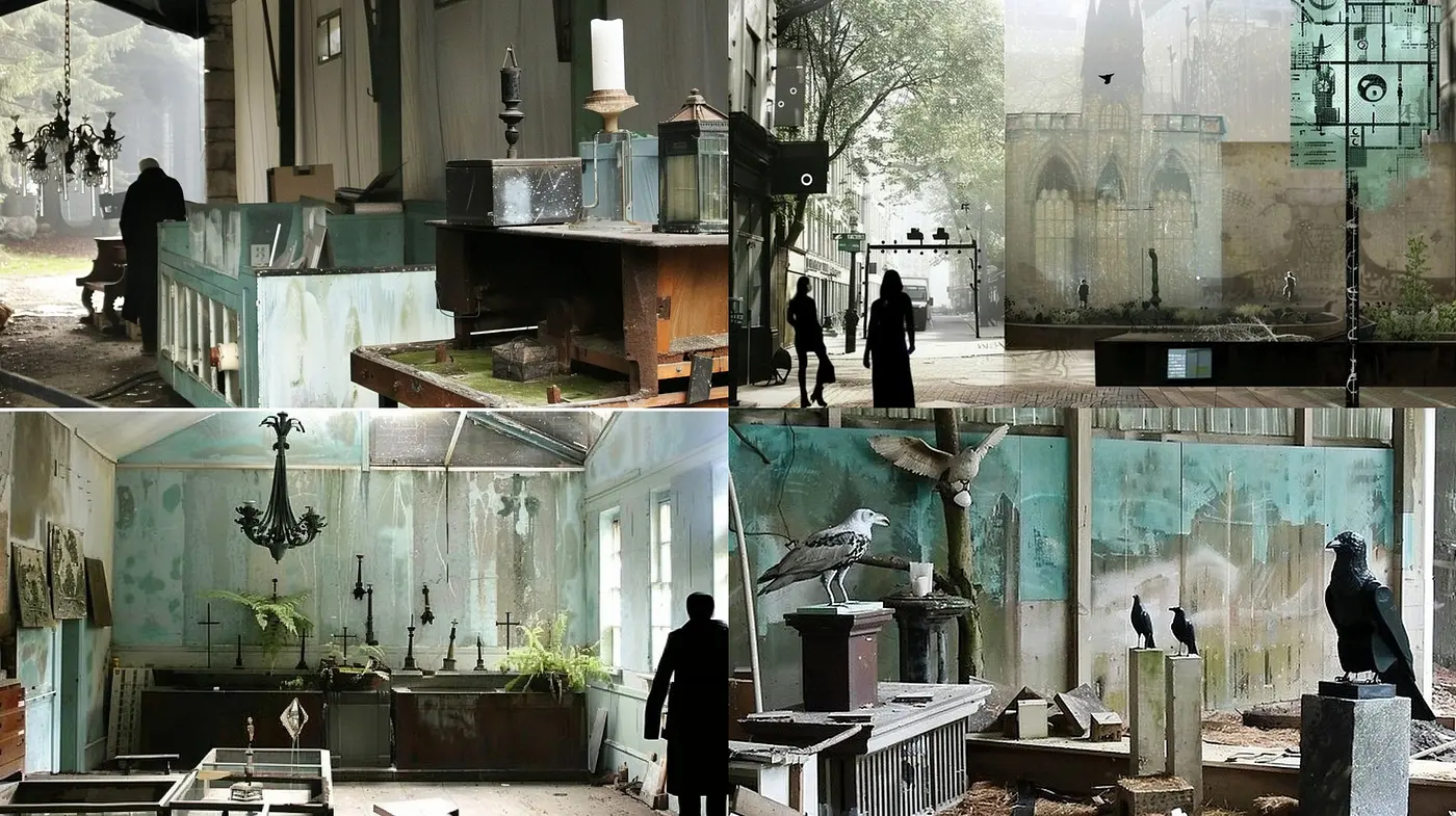 Decayed Elegance in Ethereal Tones: A Homage to Time's Relentless March on Architecture - Midjourney sref style
