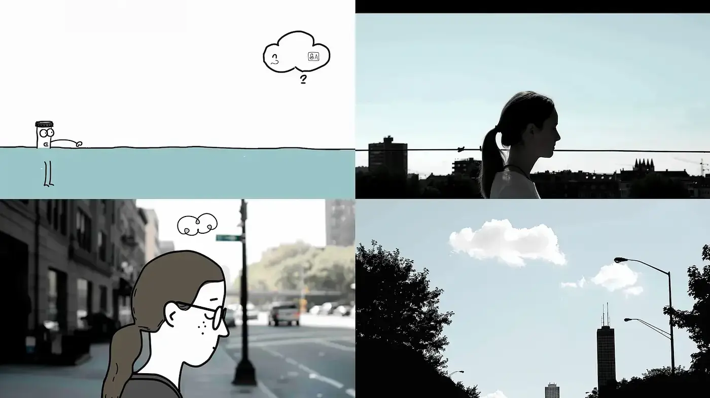 Contemplative Monochrome Silhouettes with Minimalist Cartoony Overlays - Midjourney sref style