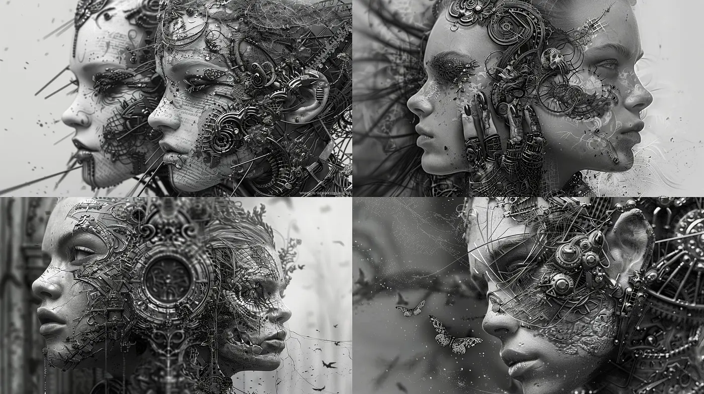 Monochromatic Mechanical Mosaic: Intricate Fusion of Organic and Industrial Aesthetics - Midjourney sref style