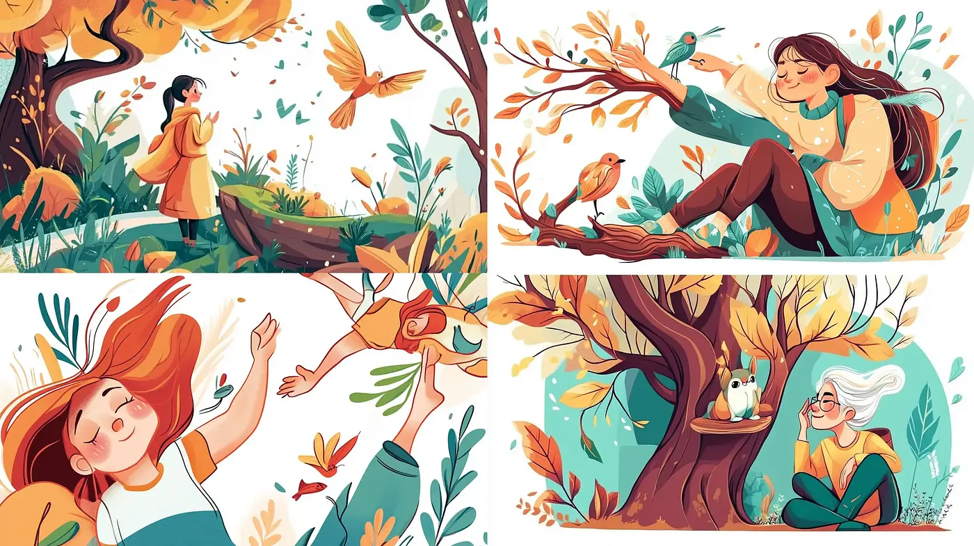 Harmonious Autumnal Whimsy: A Consistent Pastel Nature Illustration Series - Midjourney sref style