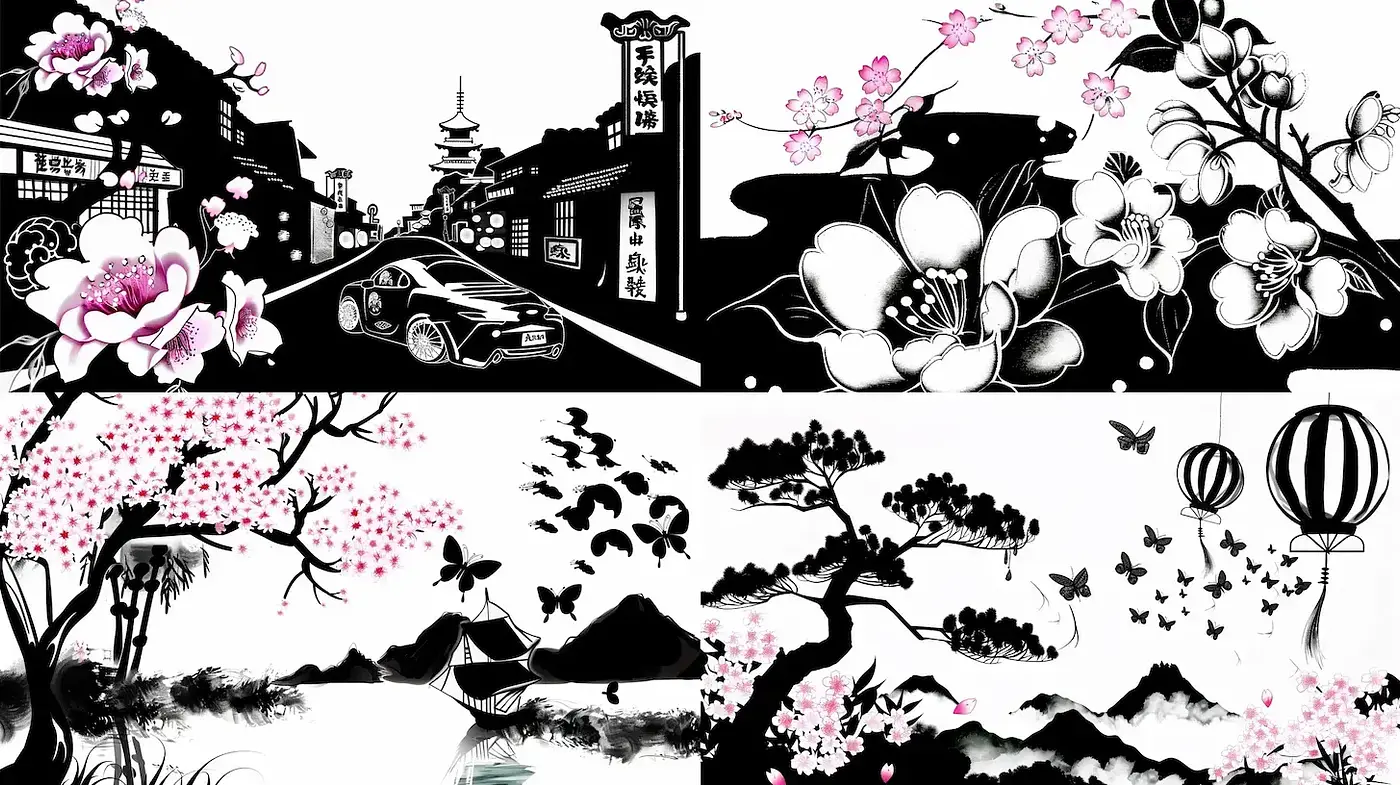 Monochromatic Elegance with Splashes of Pink Blossoms - Midjourney sref style