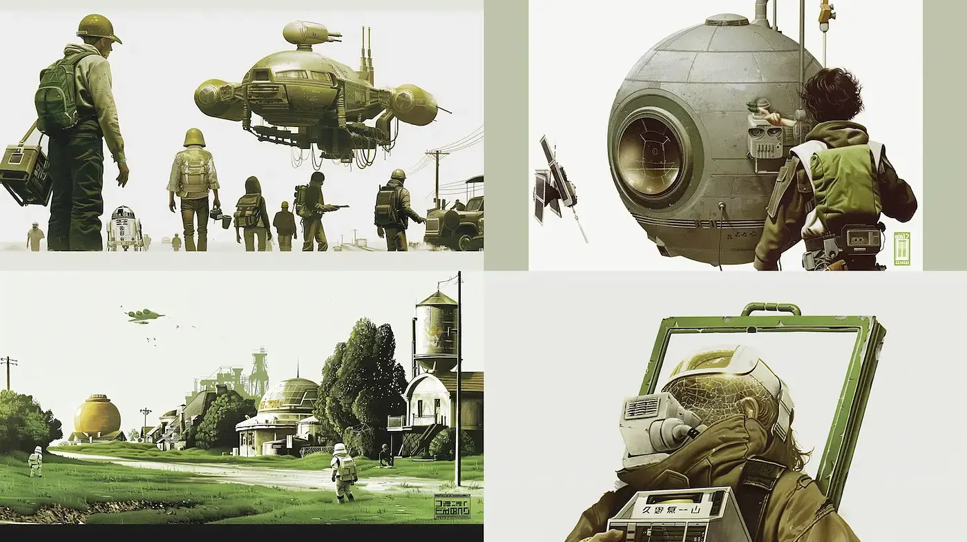 Futuristic yet Nostalgic Visuals with Earthy Undertones and Retro-Futurism - Midjourney sref style