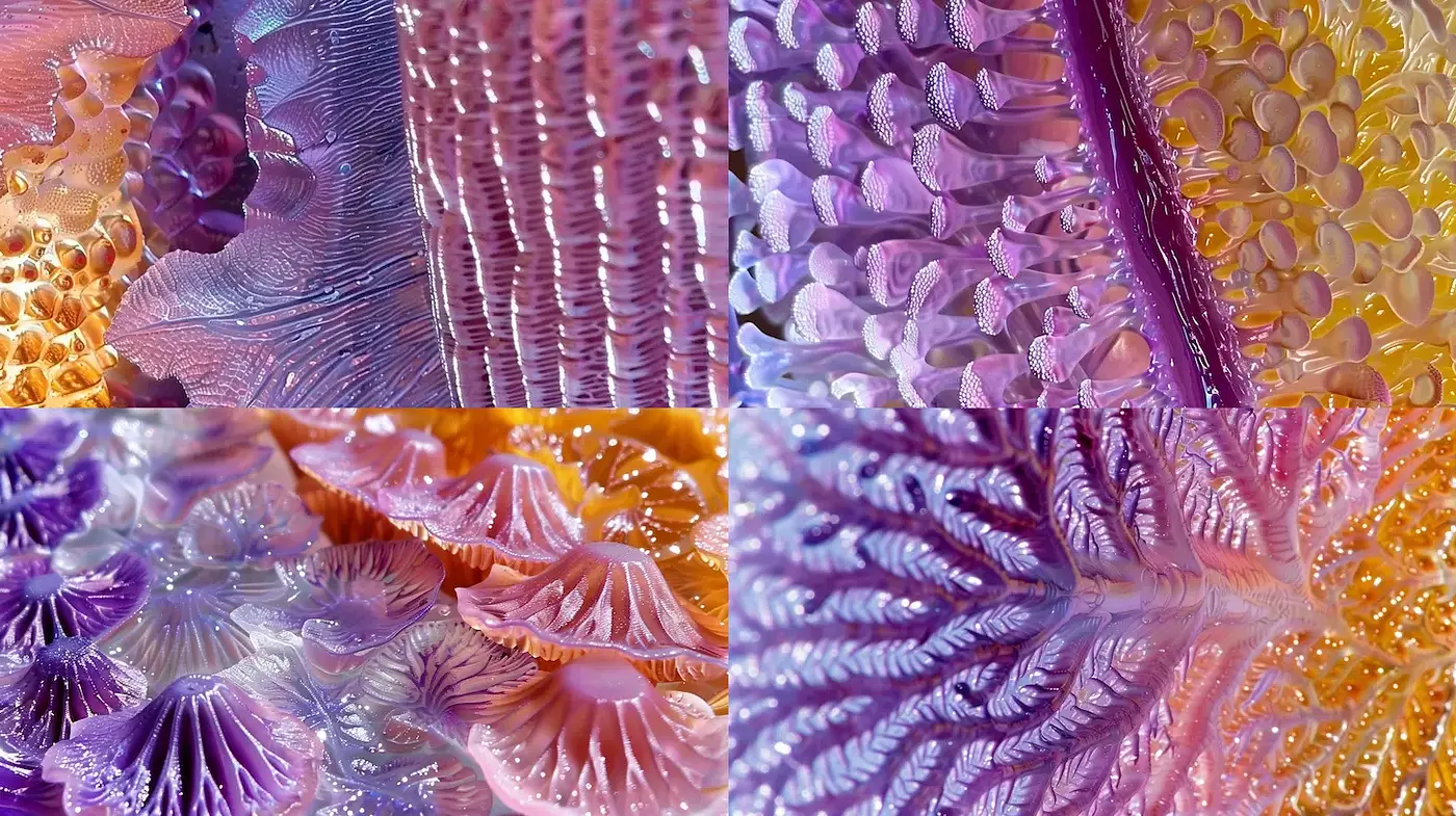 Unique organic forms with intricate textures and vibrant colors - Midjourney sref style