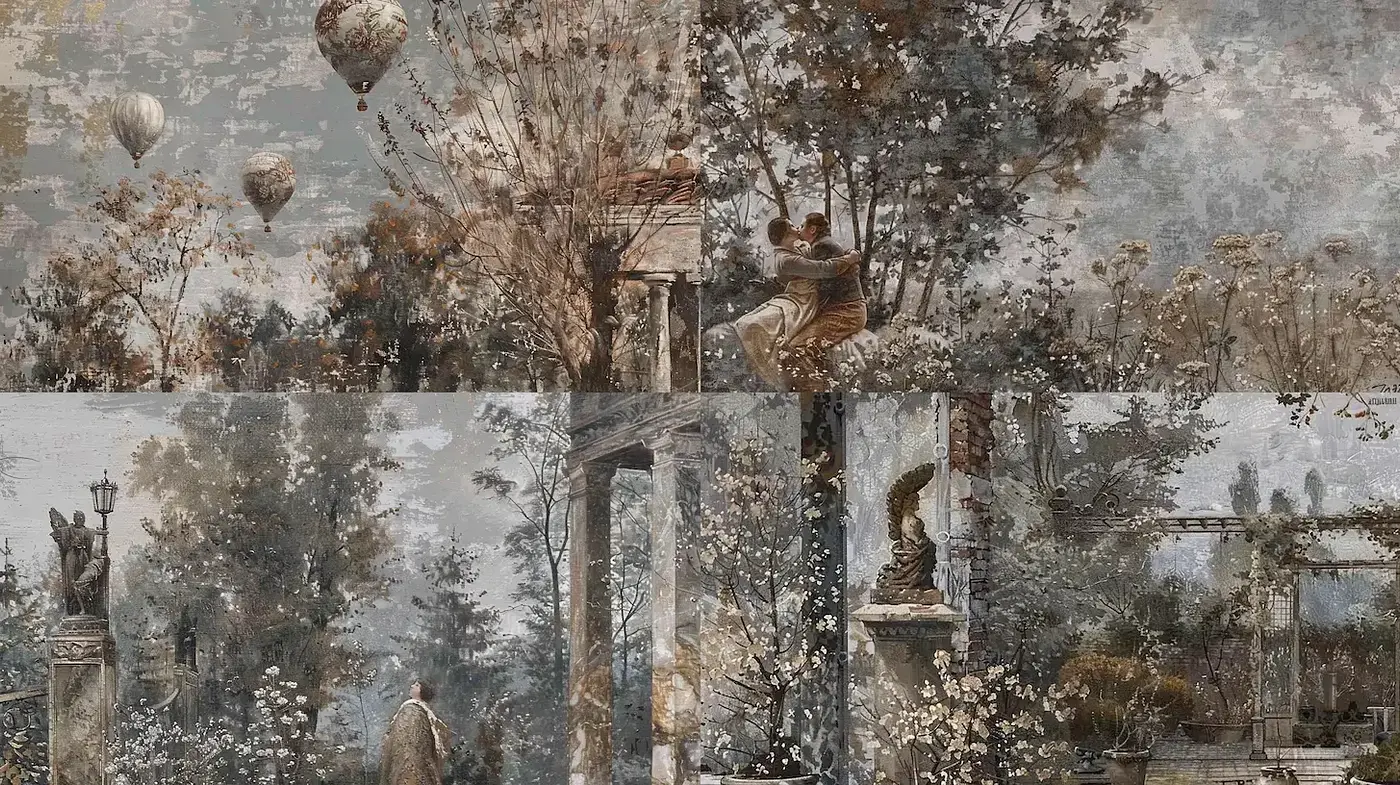 Dreamy, ethereal landscapes with a vintage aesthetic and soft color harmonies - Midjourney sref style