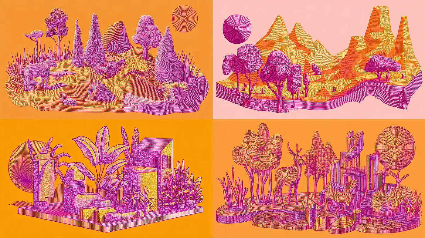 Abstract, textured landscapes with vibrant tones - Midjourney sref style