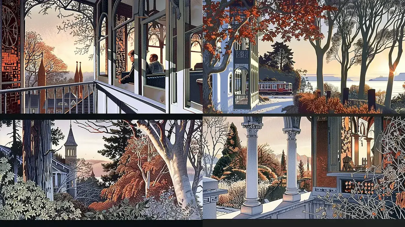 Luminous and Serene Architectural Landscapes with Subtle Mid-century Influence - Midjourney sref style