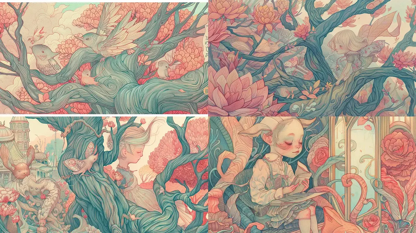 Whimsical and Harmonious Nature-Inspired Illustrations with Soft Tones - Midjourney sref style
