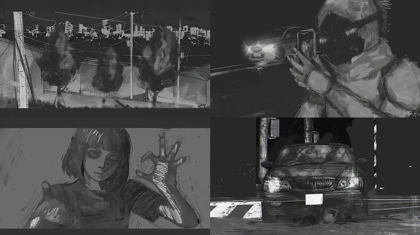 Monochromatic Urban Noir with a Hint of Surrealism - Midjourney sref style
