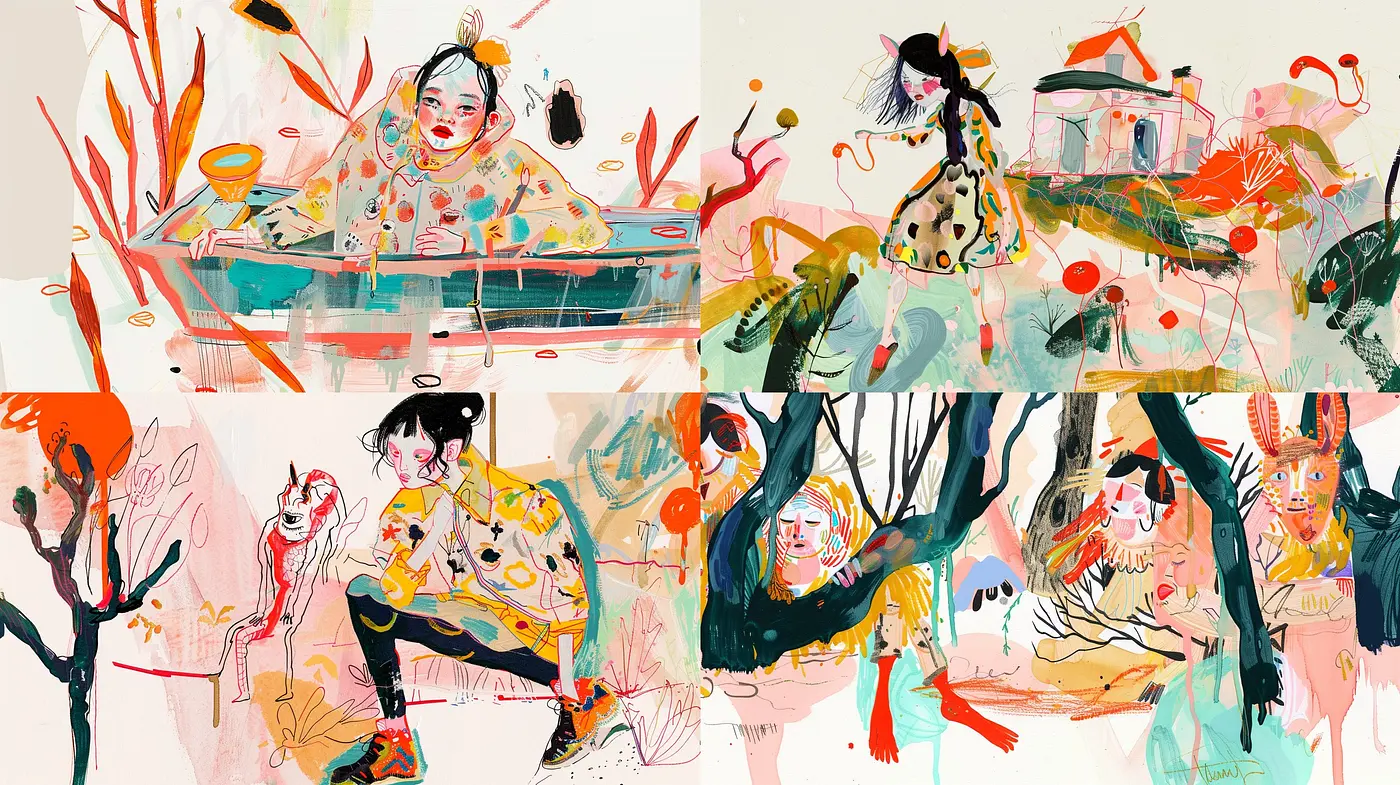 Whimsical Brushwork and Vivid Expression: A Blend of Abstract and Figurative Styles with a Playful Palette - Midjourney sref style
