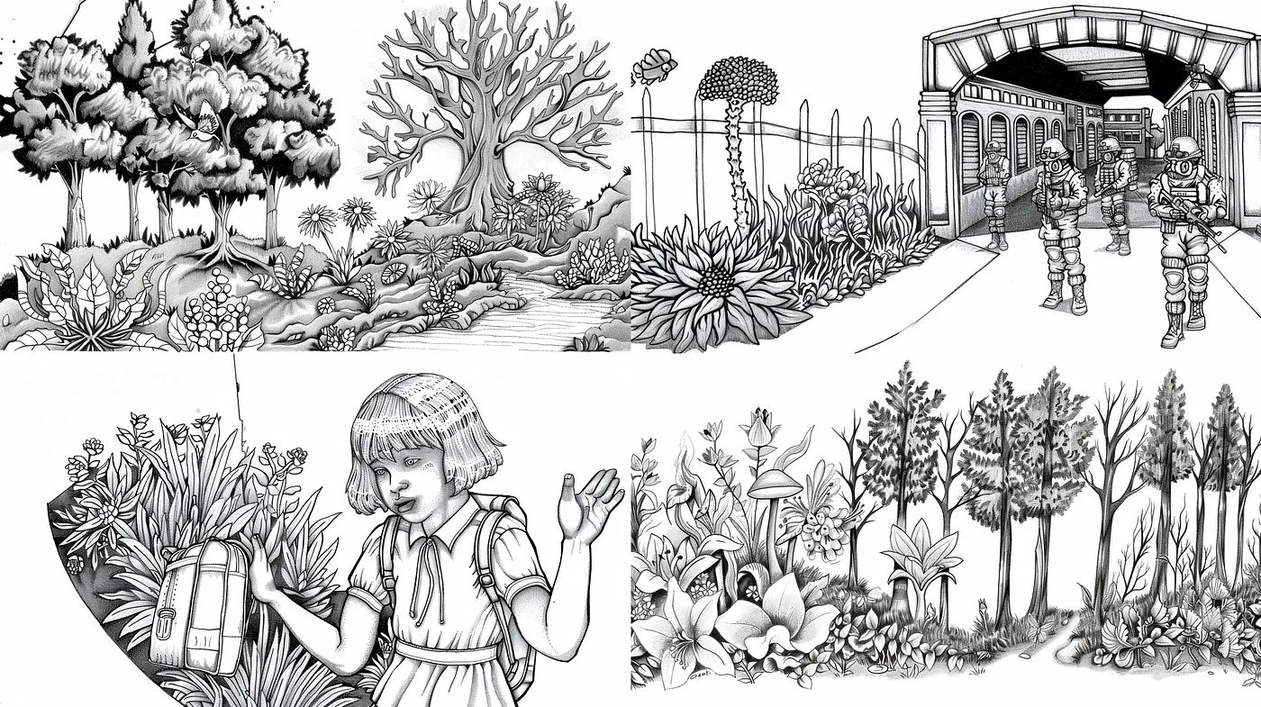 Monochromatic Elegance: Homage to Vintage Ink Illustrations and Nostalgic Nature Sketches - Midjourney sref style