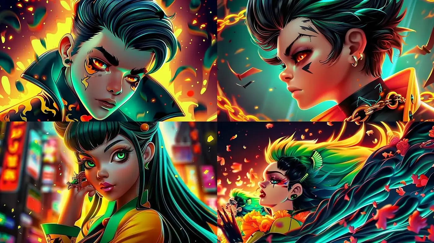 Vibrant Anime-Inspired Energetic Portraits with a Fiery Aesthetic - Midjourney sref style