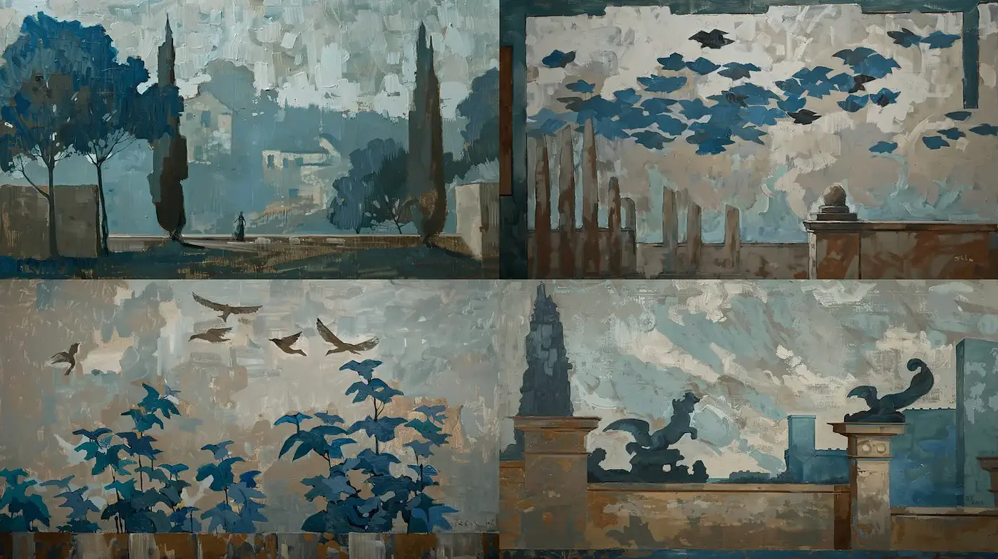 Serene Landscapes with a Textured Blue Palette - Midjourney sref style