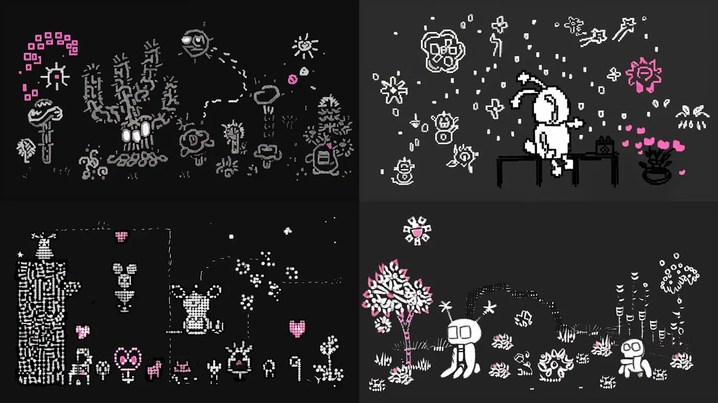 Monochromatic Dreamscape with Stylized Botanical Motifs - Midjourney sref style