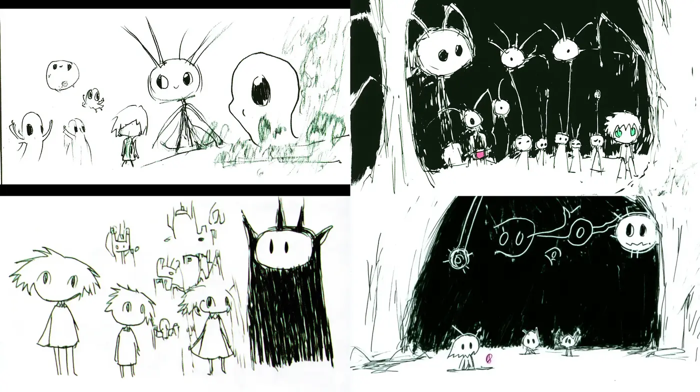 Whimsical Monochrome Sketchbook Fantasy - Midjourney sref style
