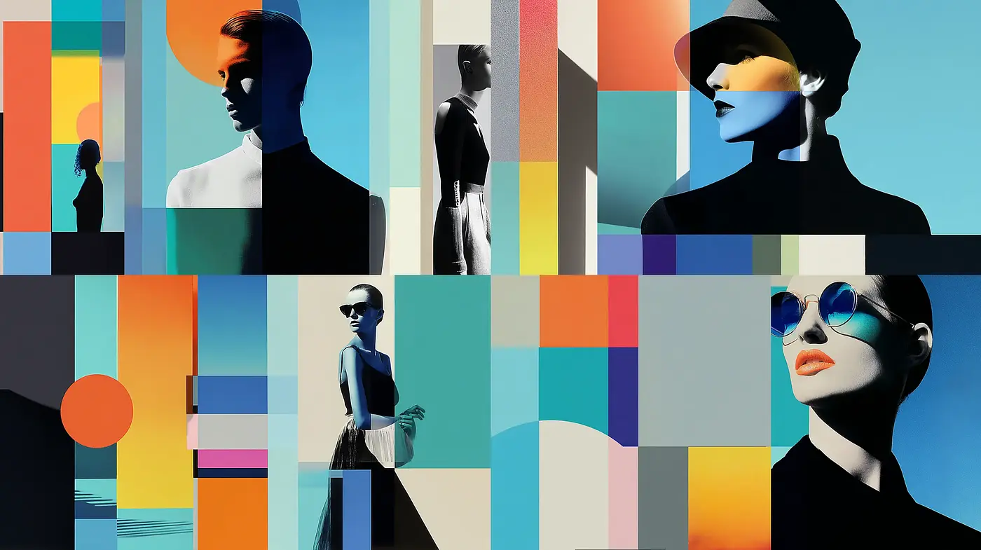 Vibrant Futuristic Collage with Geometric Patterns and Strong Silhouettes - Midjourney sref style