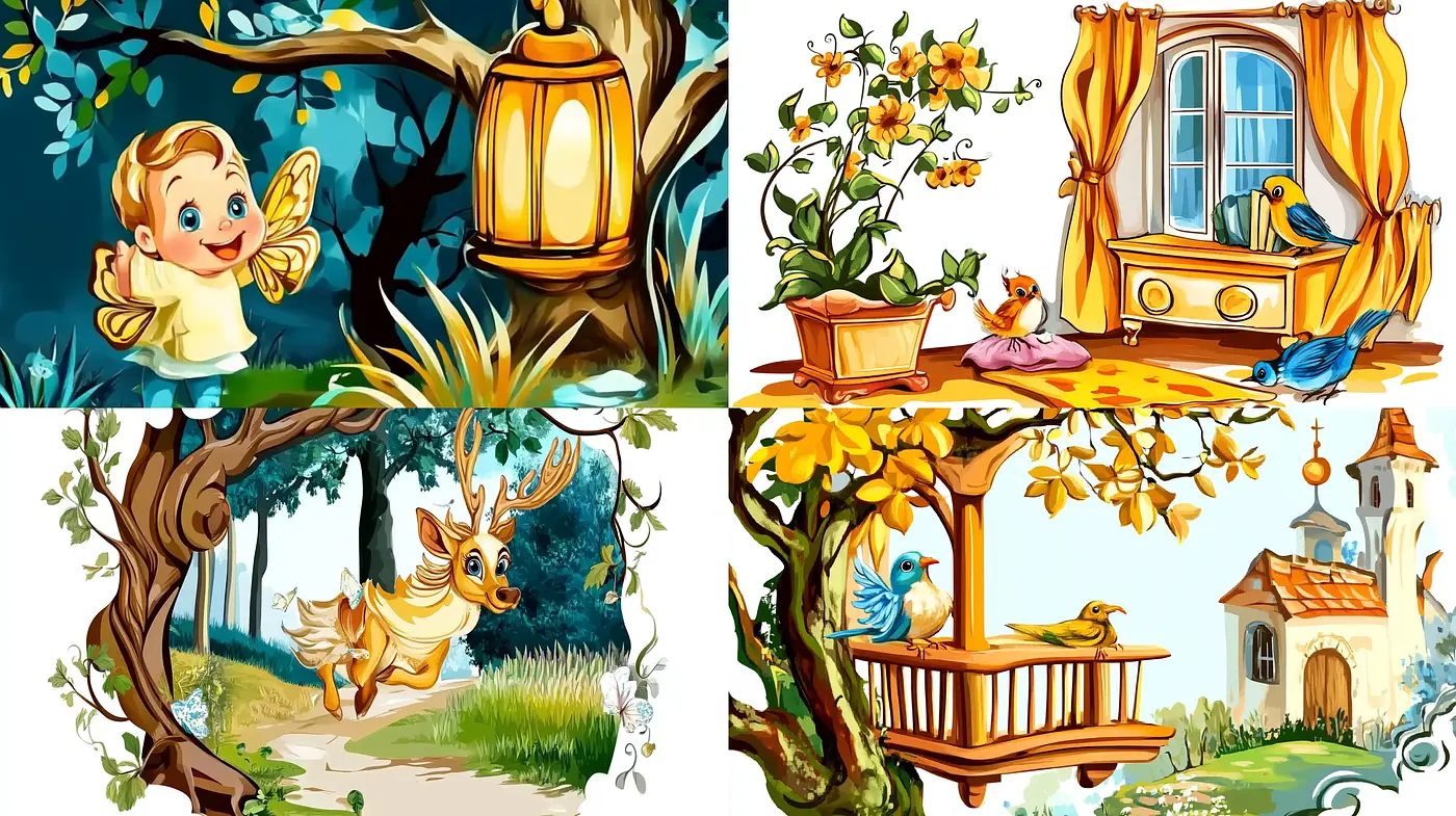 Enchanted Storybook Whimsy: A Journey Through Vivid Fairy Tale Illustrations - Midjourney sref style
