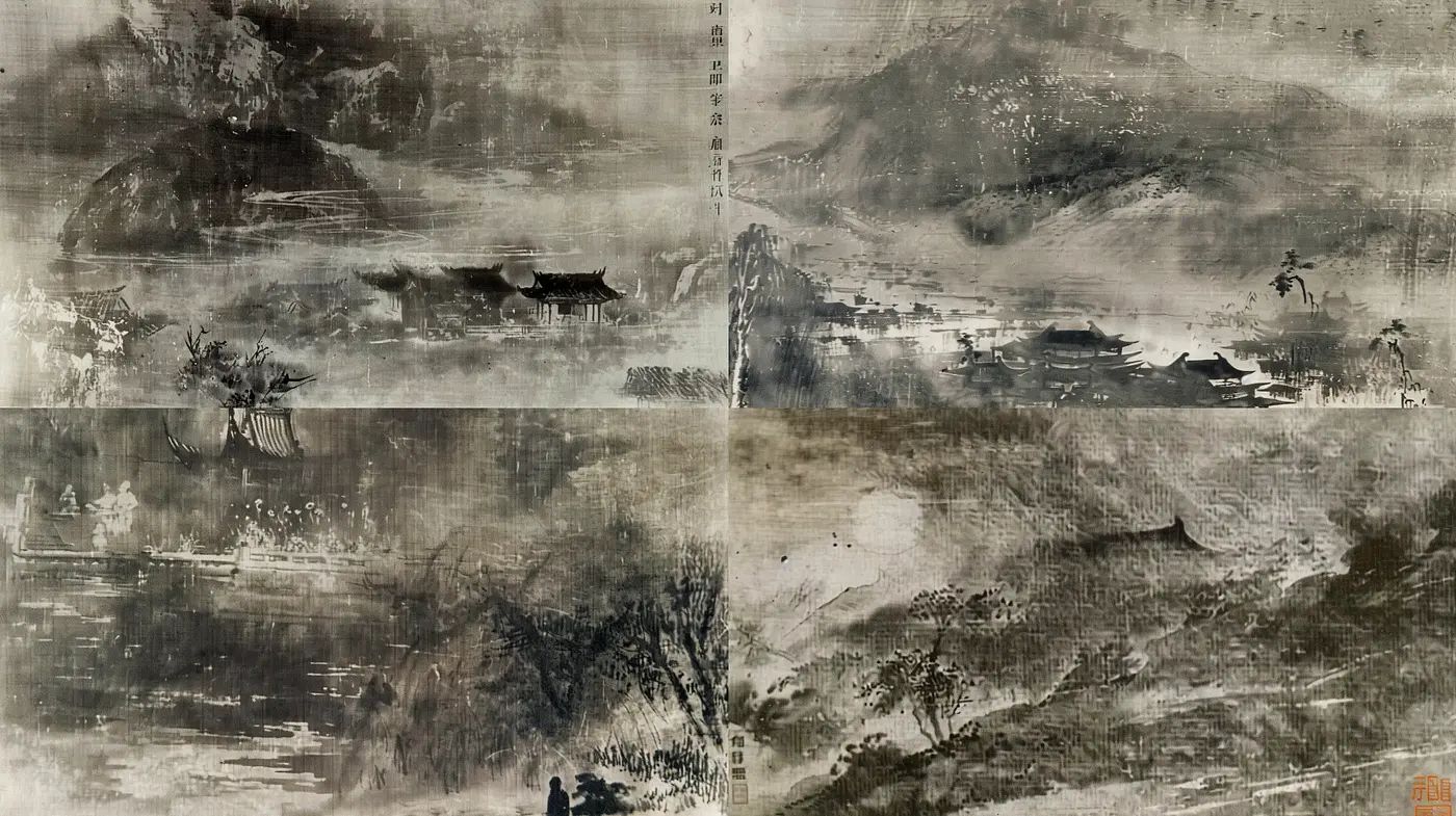 Monochromatic Panoramic Vistas in East Asian Ink Wash Style - Midjourney sref style