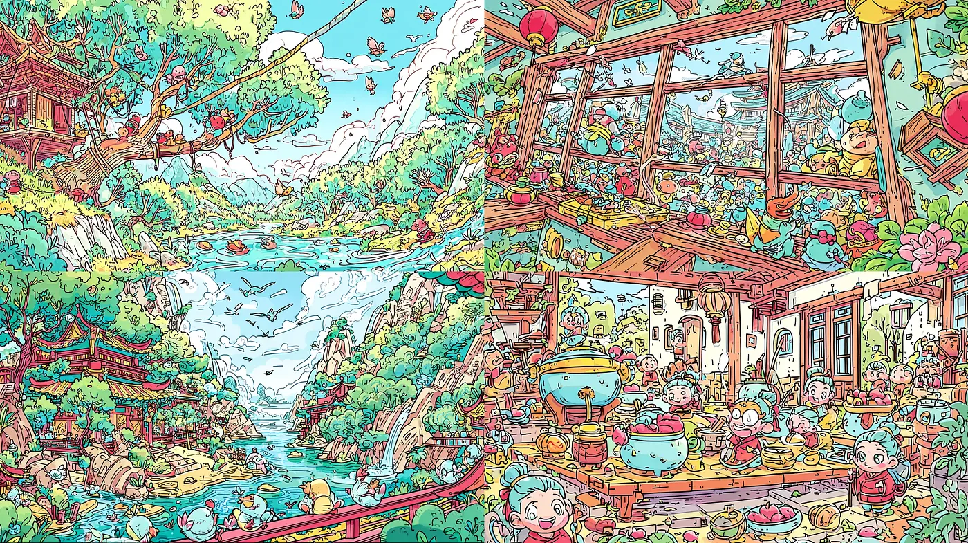Whimsical Illustrations with a Playful Zen Aesthetic - Midjourney sref style