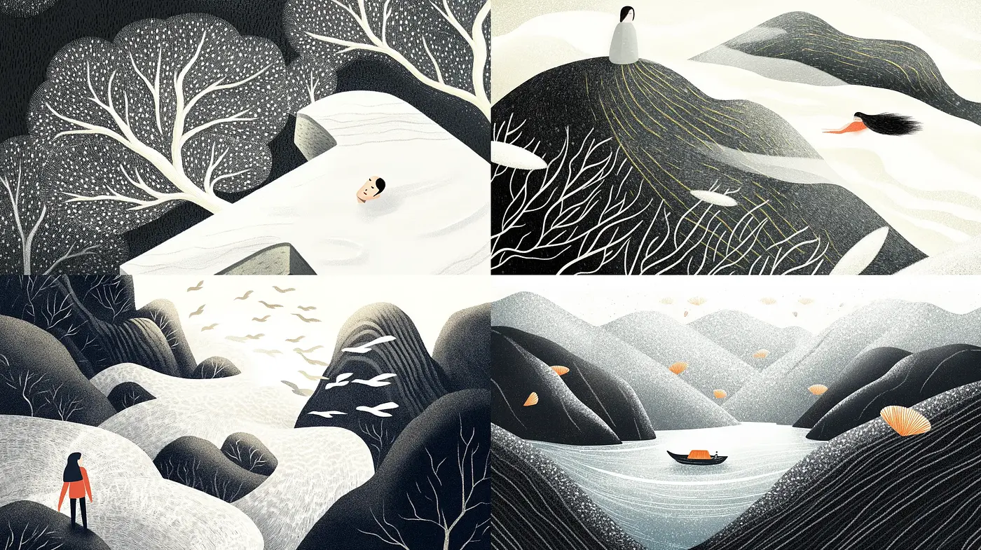 Whispering Monochrome Vistas: A Homage to Serene Nature in Stippled Shades - Midjourney sref style