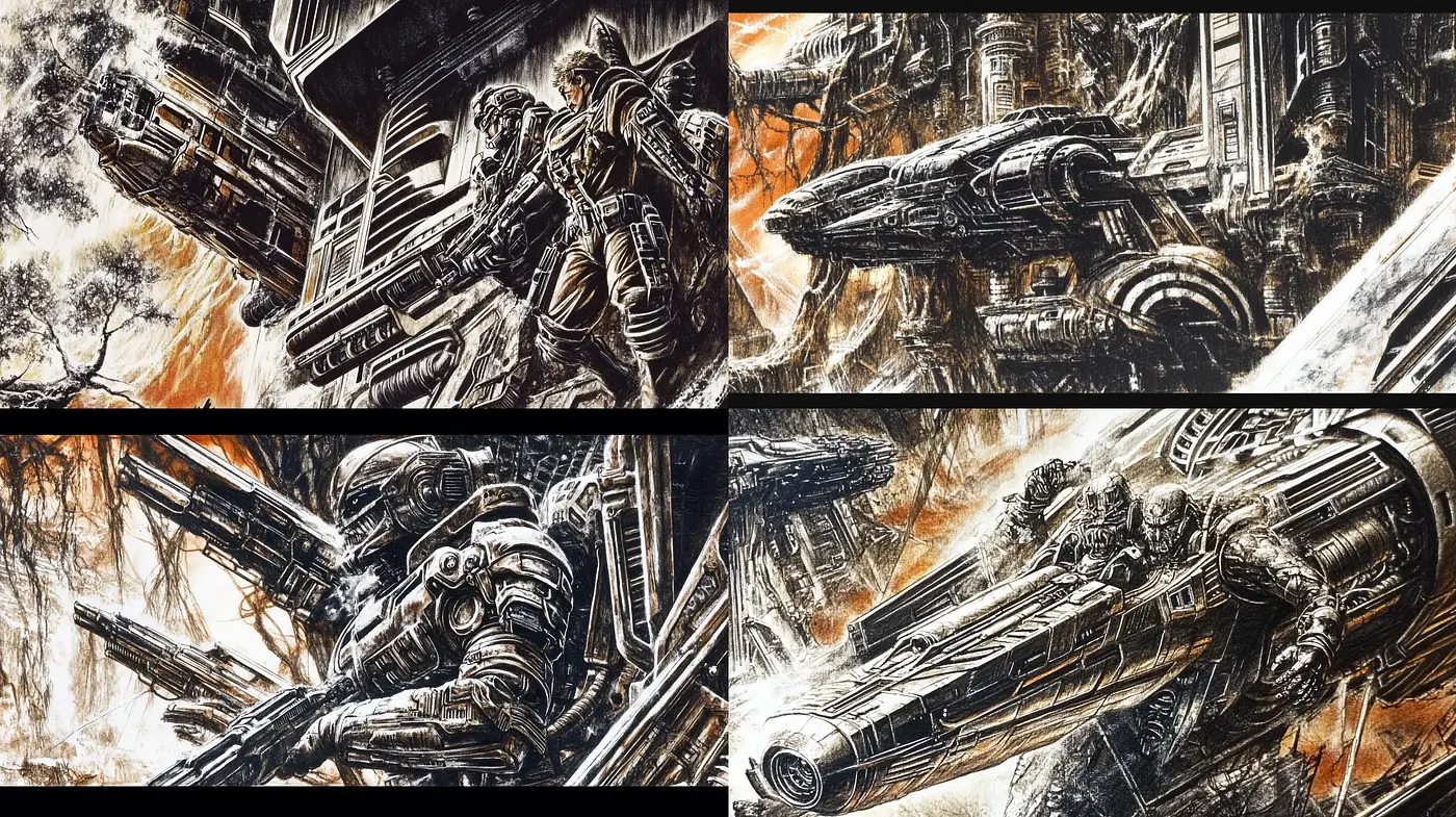 Futuristic Noir Etchings: A Consistent Synthesis of Science Fiction and Chiaroscuro - Midjourney sref style