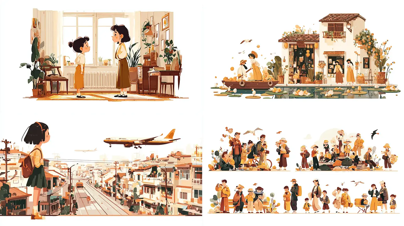 Delightfully whimsical and retro-inspired illustrations with a warm palette - Midjourney sref style