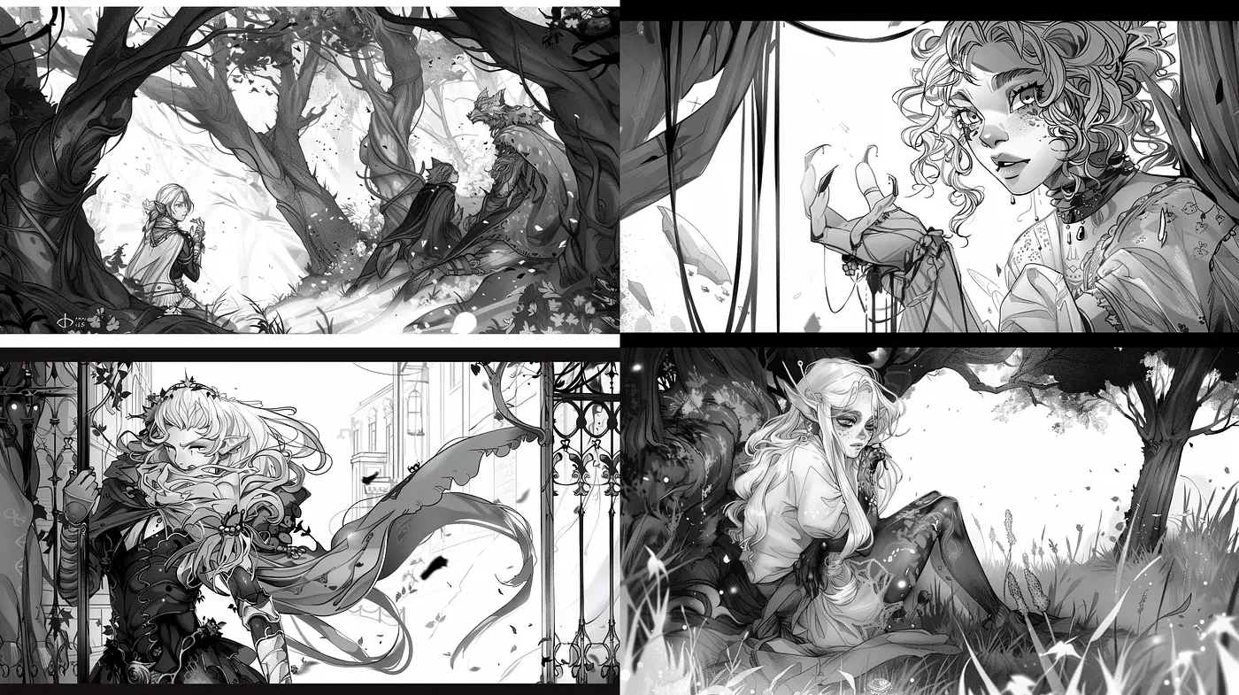 Monochromatic Fantasy: A Homage to Illustrative Storytelling - Midjourney sref style