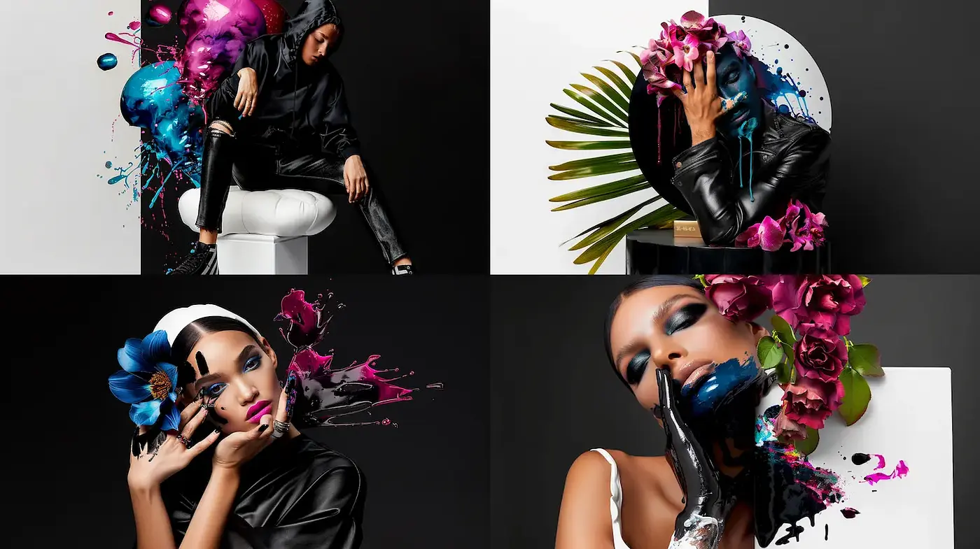 Bold, vibrant compositions merging fashion with artistic splashes - Midjourney sref style