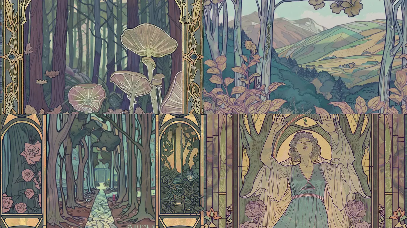 Art Nouveau Dreamscapes with Nature and Fantasy Motifs - Midjourney sref style