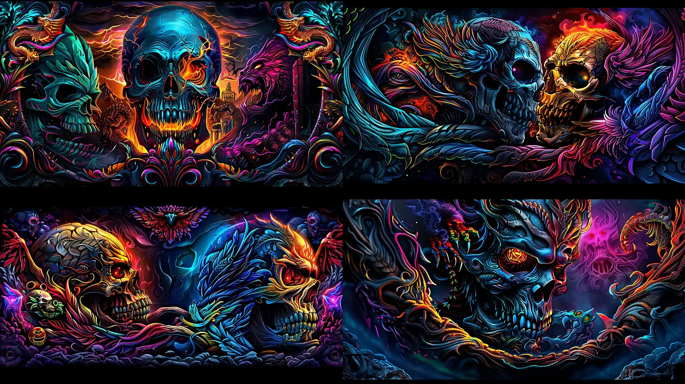 Psychedelic Neon Chiaroscuro: A Dance of Darkness and Vibrancy - Midjourney sref style