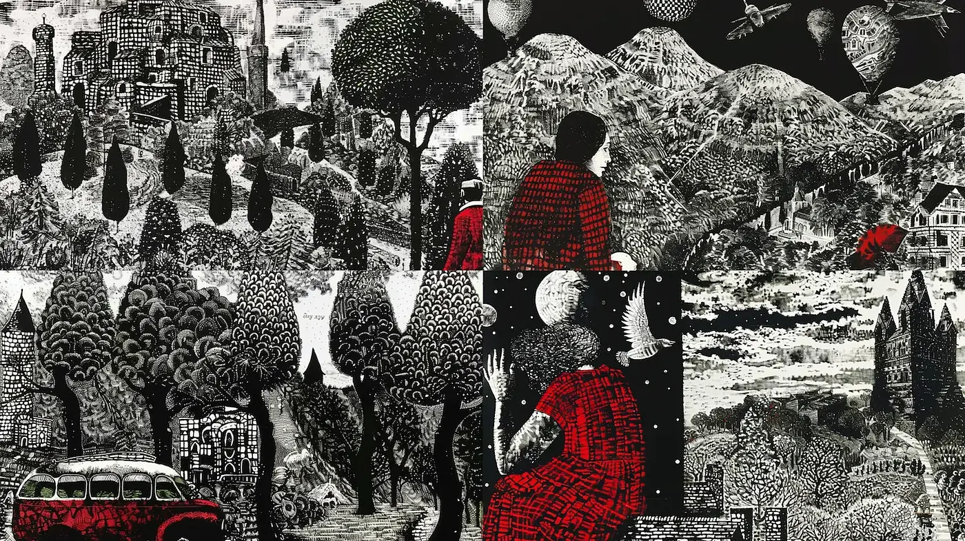 Surrealistic monochrome landscape with intricate detailing and whimsical elements - Midjourney sref style