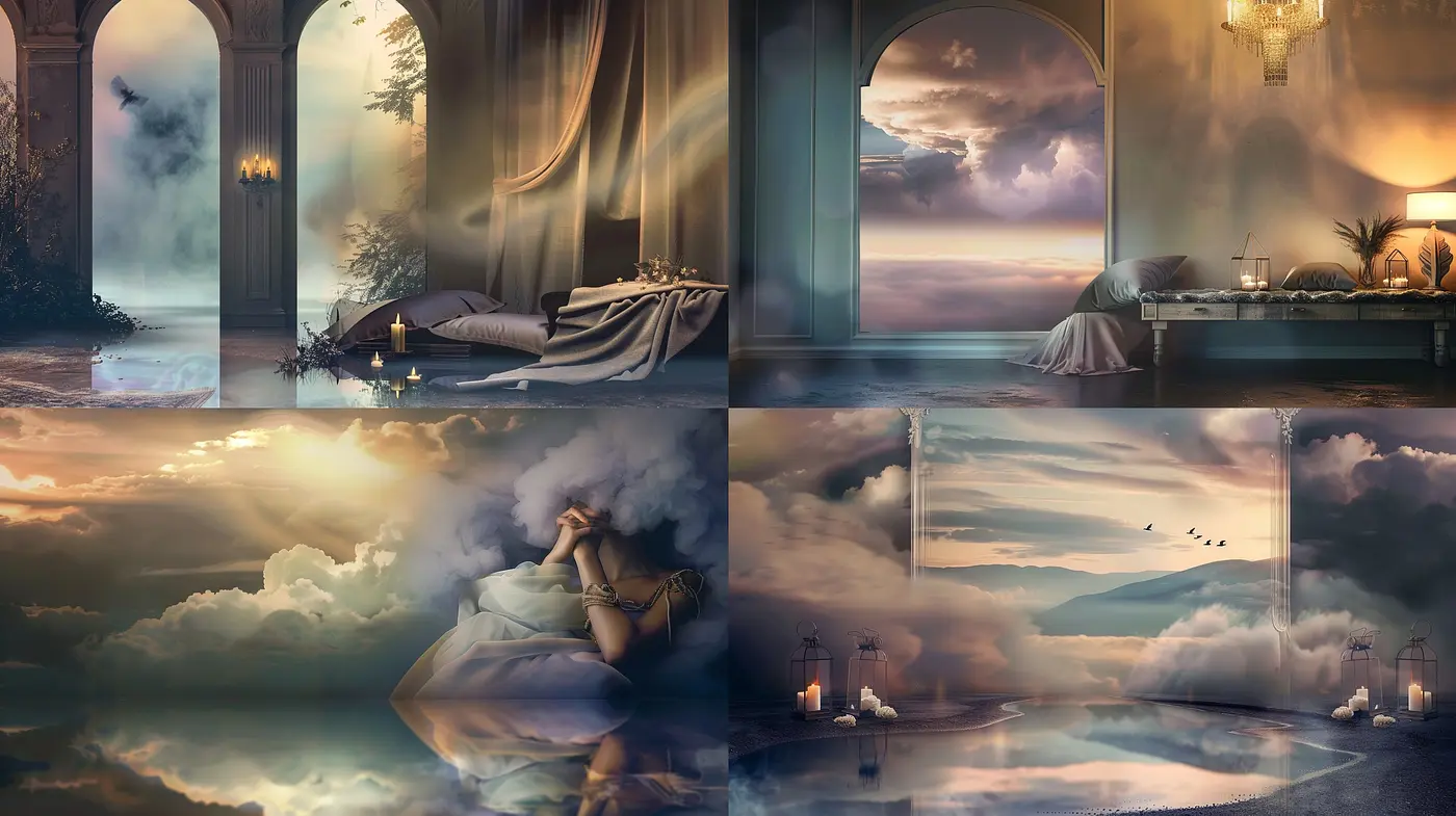 Ethereal Dreamscapes with Surrealist Tones and Soft Golden Light - Midjourney sref style