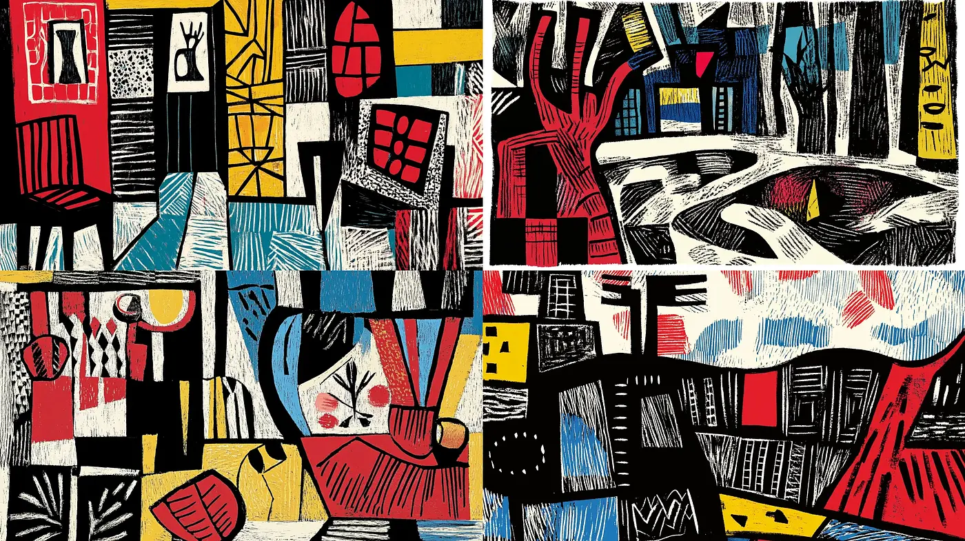 Abstract Patchwork of Expressionist Narratives - Midjourney sref style