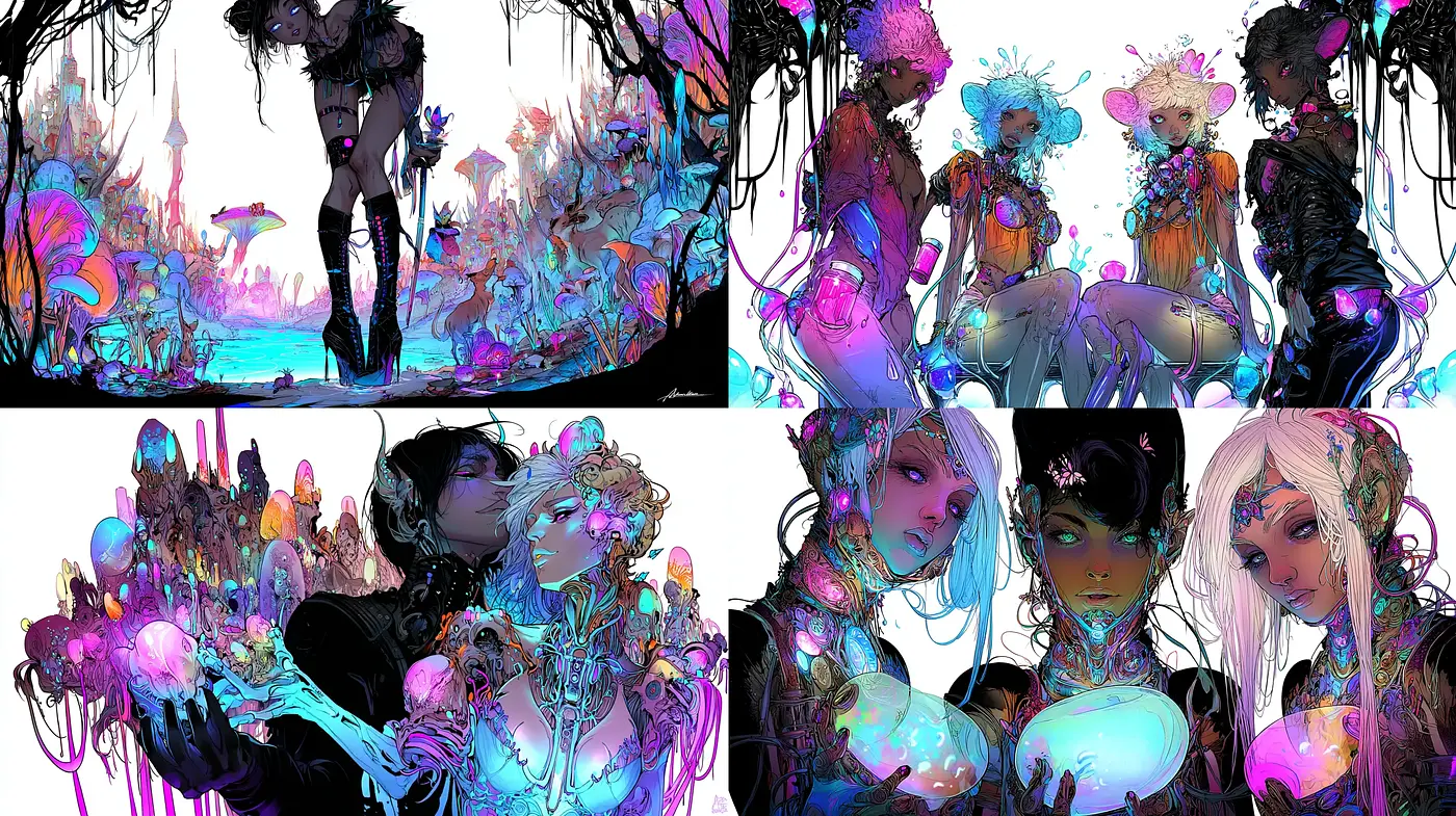 Vibrant and Ethereal Cyberpunk Fantasy with Bioluminescent Elements - Midjourney sref style