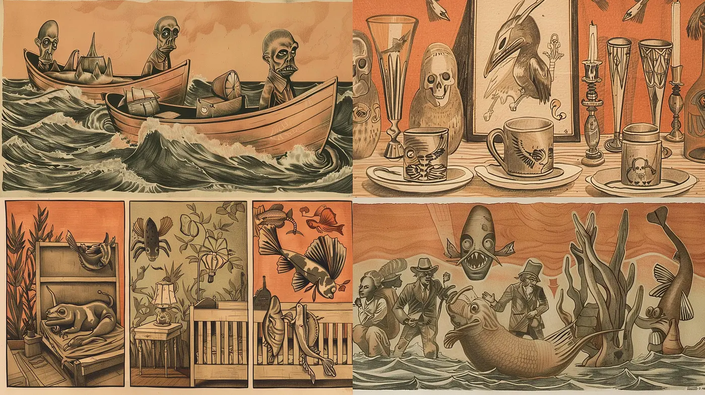 Surreal Maritime Escapade: a Vintage Sepia-toned Ensemble - Midjourney sref style