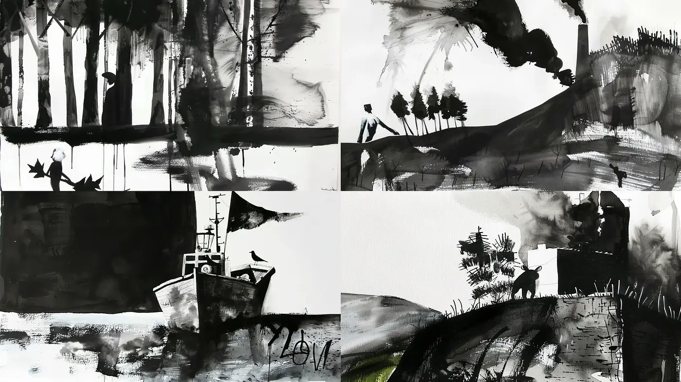 Monochromatic Ink Wash Landscape Series - Midjourney sref style