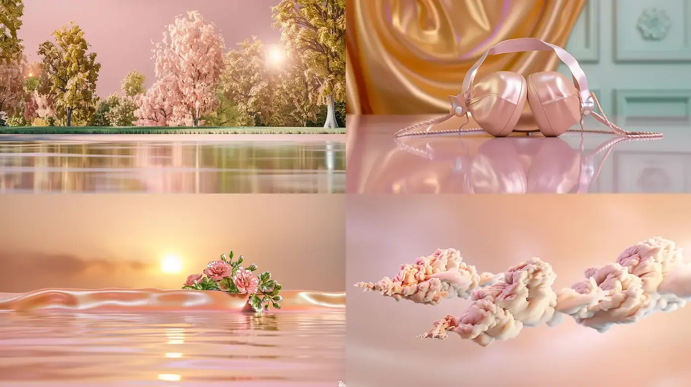 Dreamy pastel landscapes with organic forms and glossy textures - Midjourney sref style