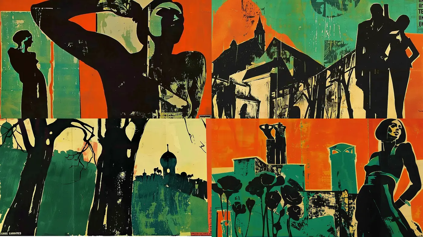 Abstract Expressive Silhouette Art in Retro Urban Settings - Midjourney sref style