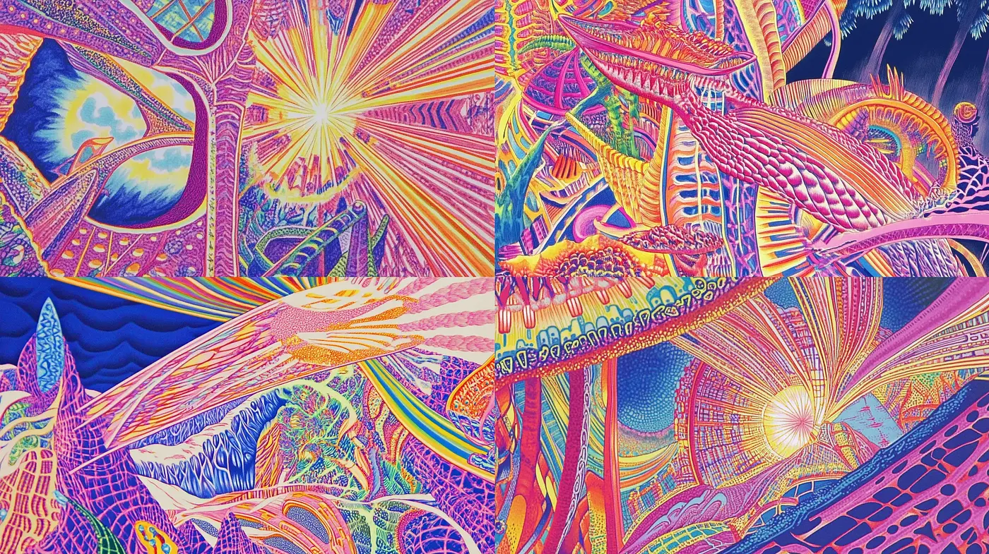 Psychedelic Vibrancy and Luminous Contrasts - Midjourney sref style