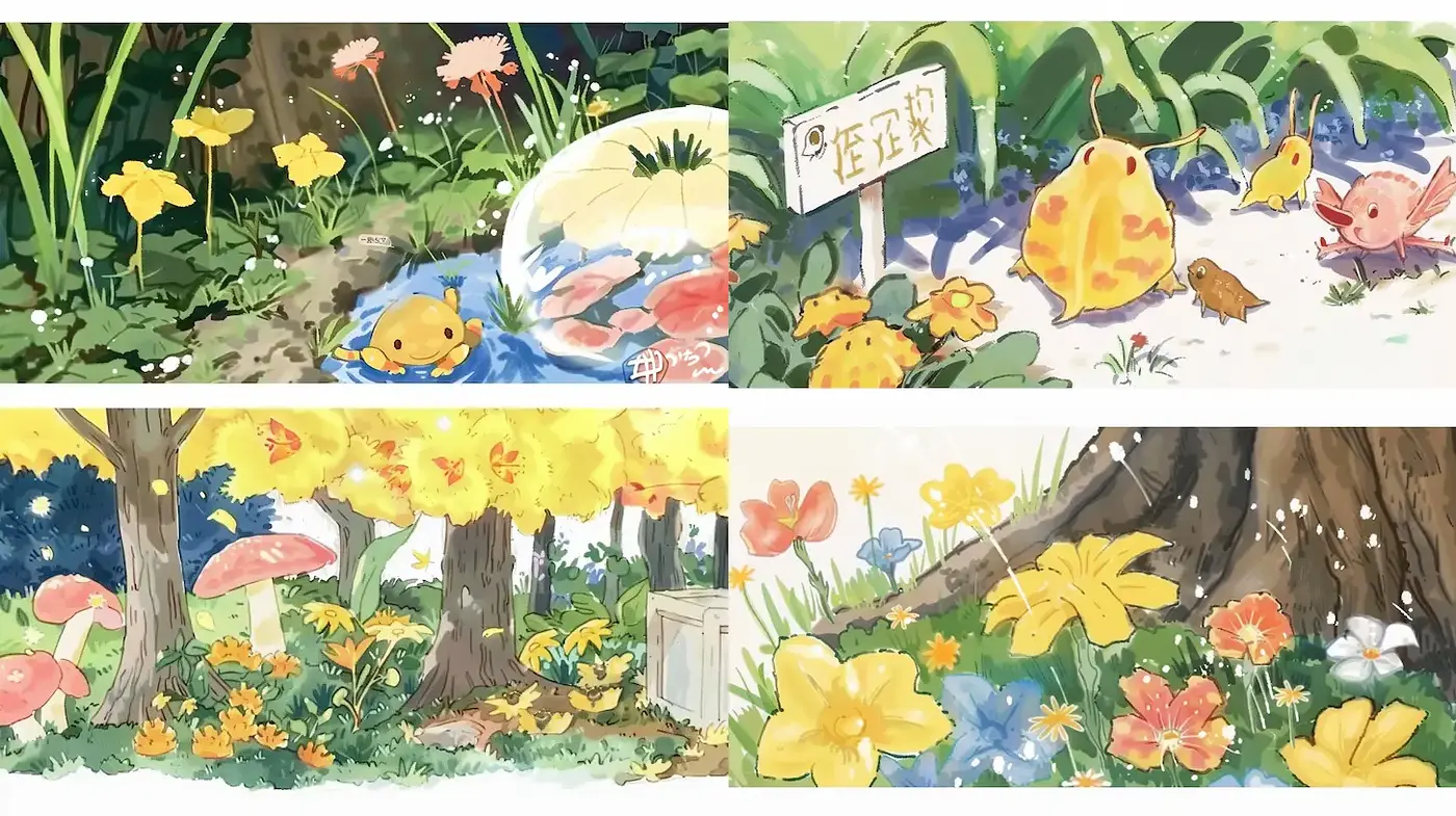 Whimsical and Colorful Nature Scenes with a Soft, Playful Aesthetic - Midjourney sref style