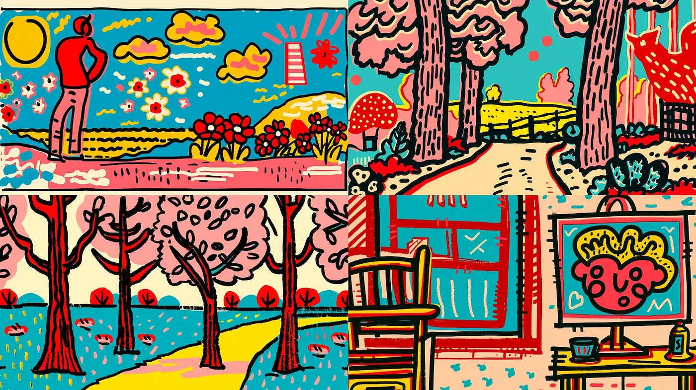 Vibrant Illustrative Style with Playful Color Combinations and Whimsical Elements - Midjourney sref style