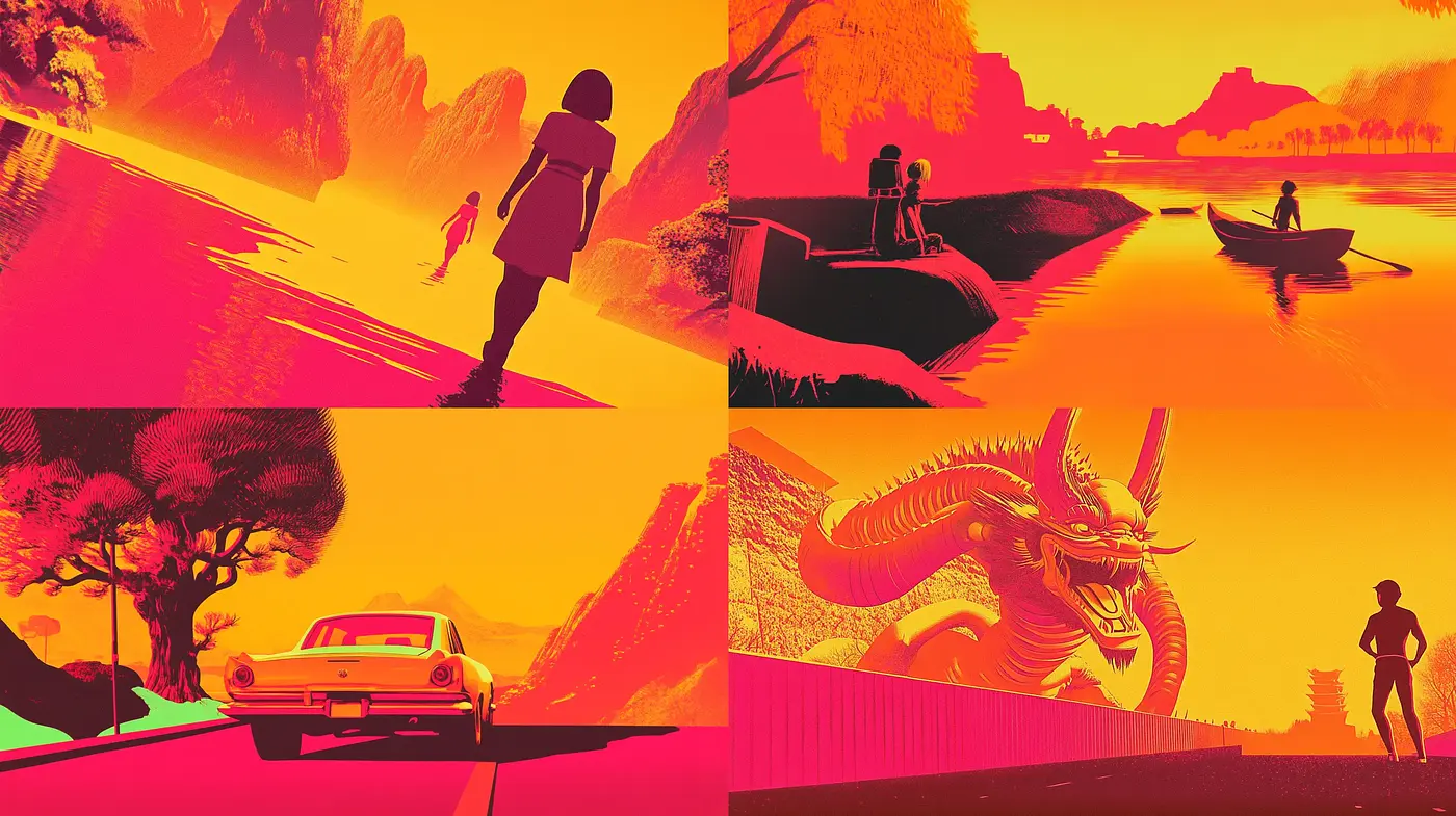 Surreal Sunset Dreamscape: A Homage to Bold Contrast and Vivid Imagination - Midjourney sref style