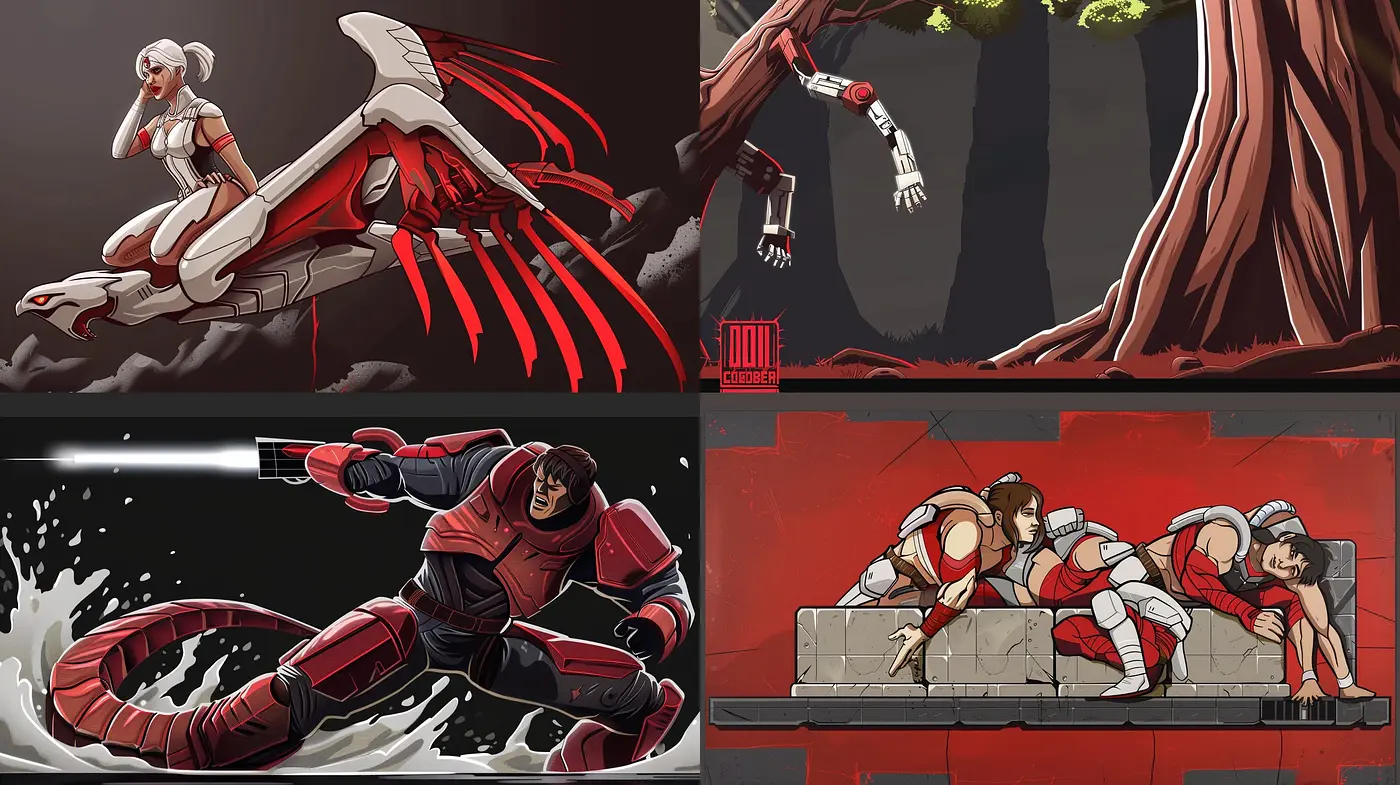 Dynamic Contrast of Crimson and Monochrome: A fusion of Graphic Novel and Anime Aesthetics - Midjourney sref style