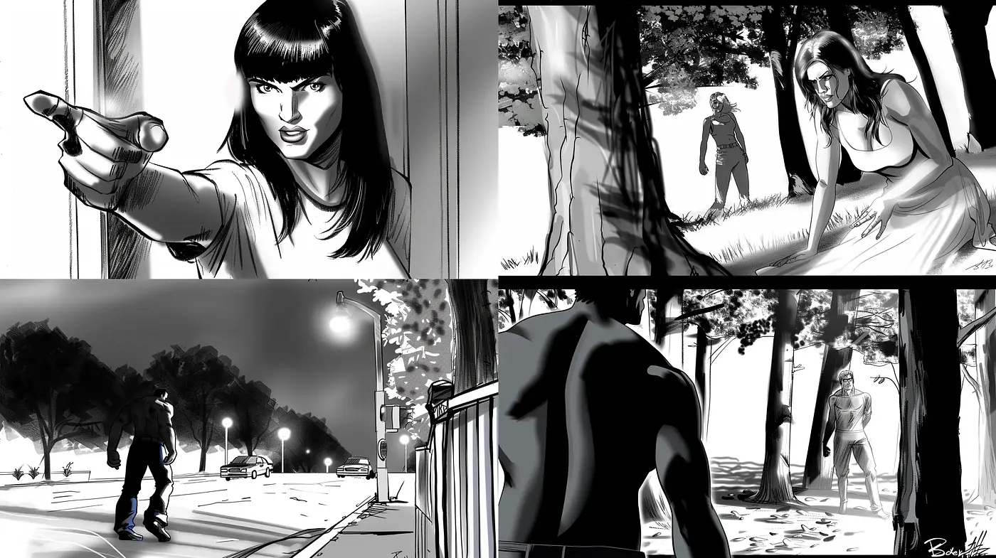 Monochromatic Noir-Inspired Visuals with a Graphic Novel Aesthetic - Midjourney sref style