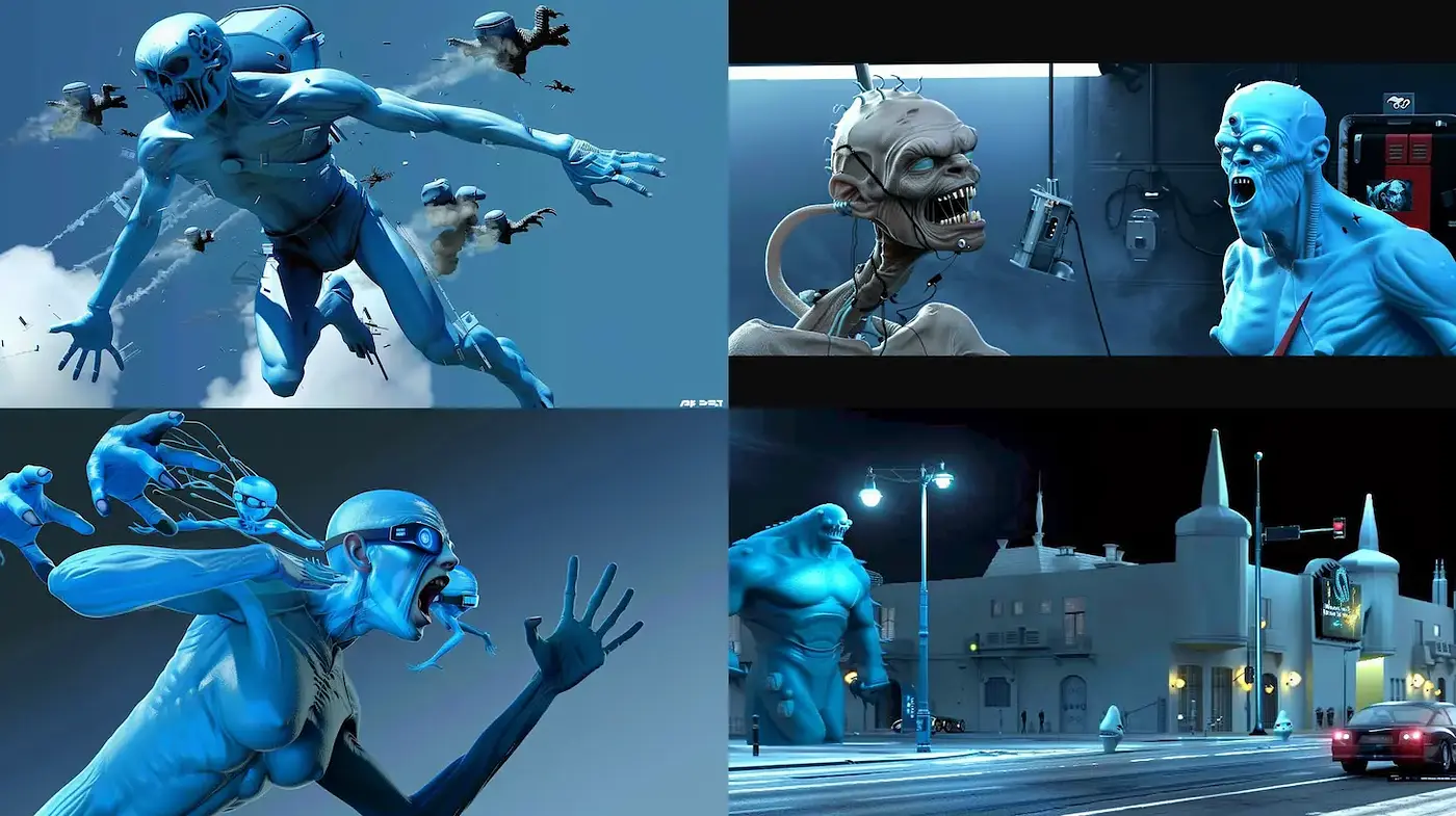 Surrealistic Blue-Hued Digital Renderings with Futuristic Elements - Midjourney sref style