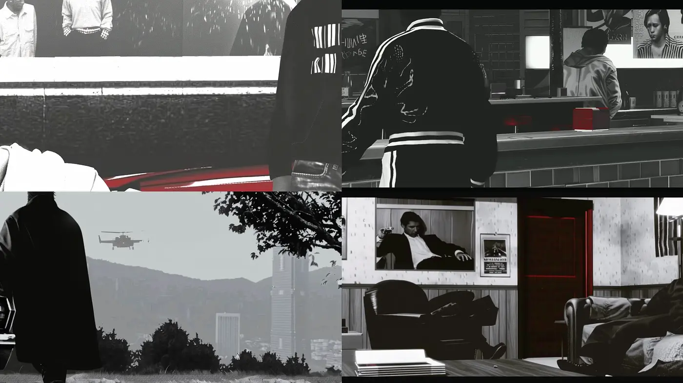 Monochromatic Noir Elegance with Selective Color Highlights - Midjourney sref style